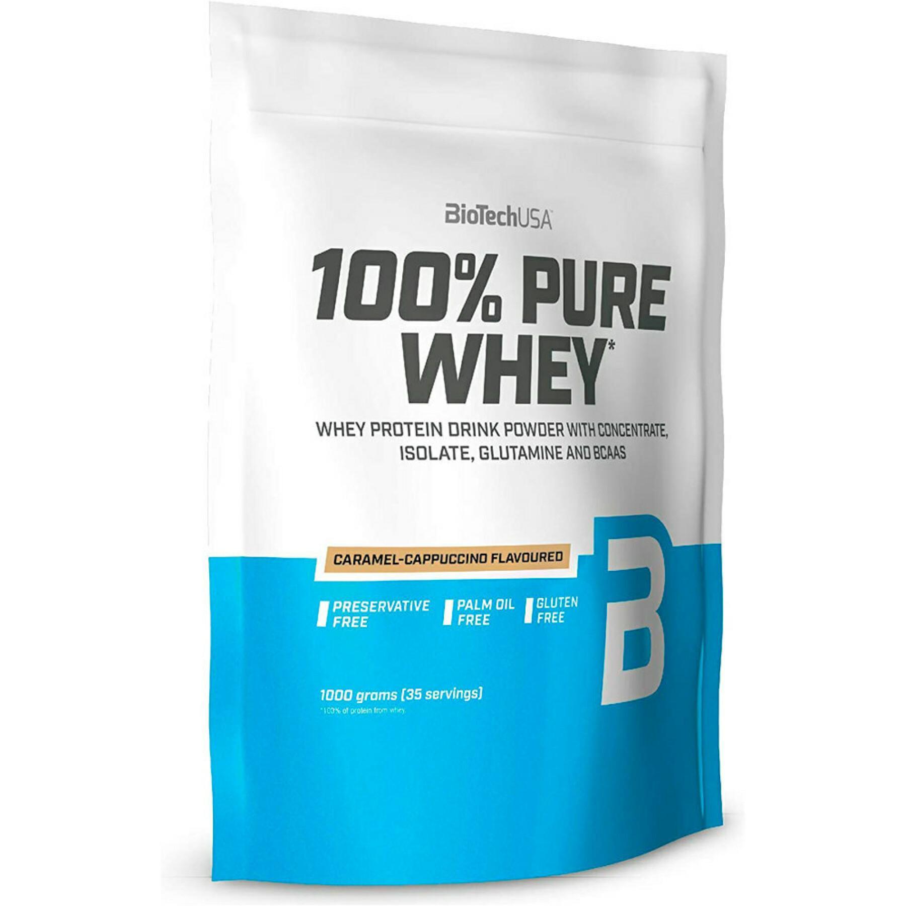 Förpackning med 10 påsar 100 % rent vassleprotein Biotech USA - Caramel-cappuccino - 454g