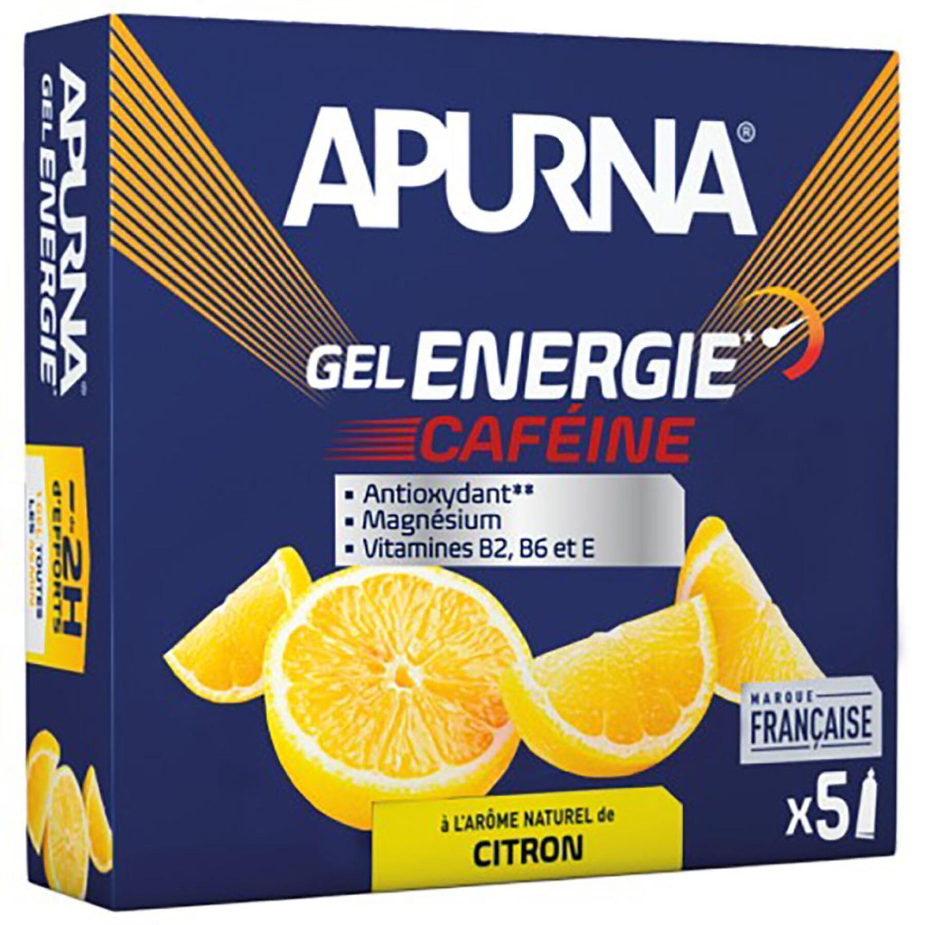 Förpackning med 5 energigeléer med citron och koffein för svåra perioder Apurna