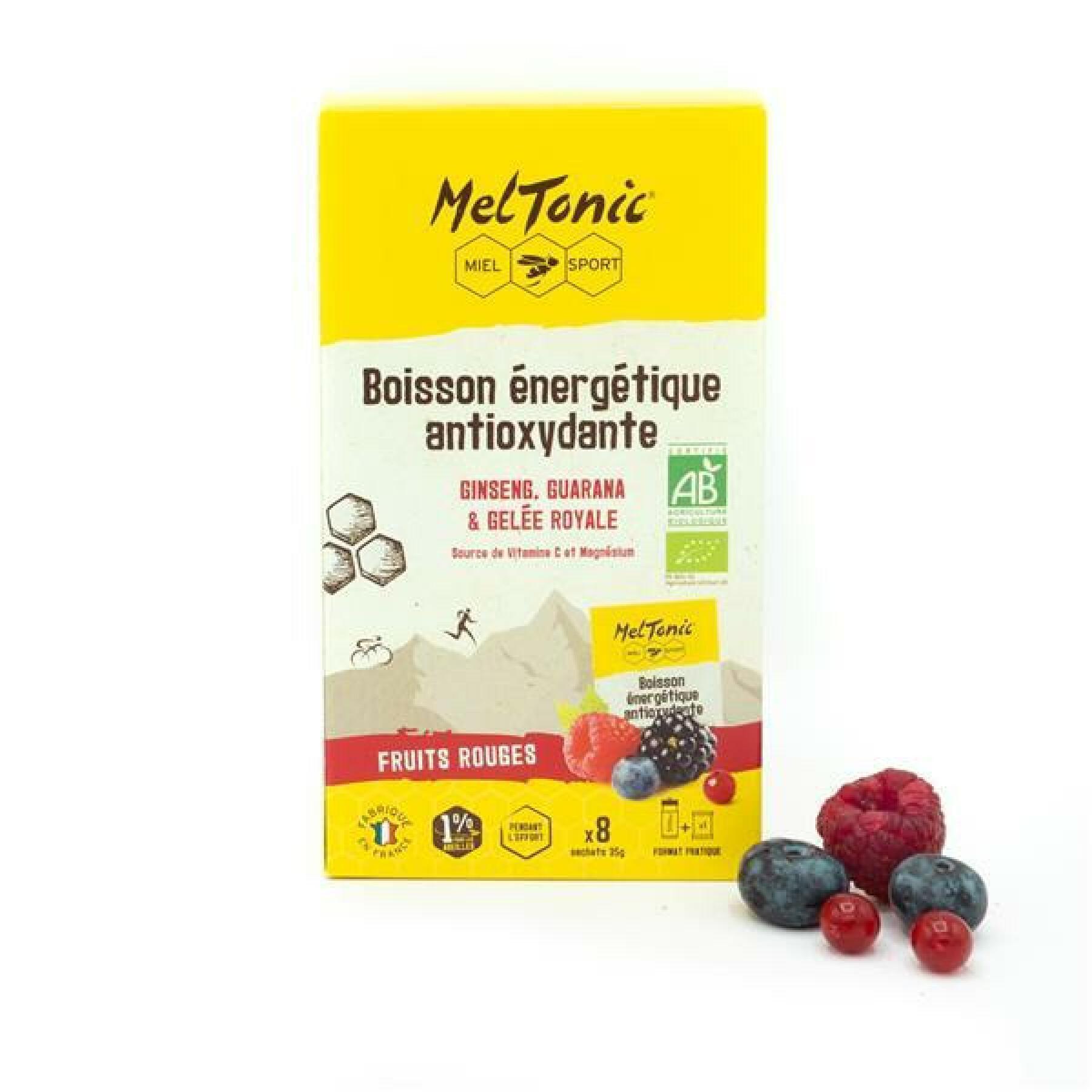 Förpackning med 6 dospåsar med ekologisk antioxidant energidryck med röd frukt Meltonic 35 g